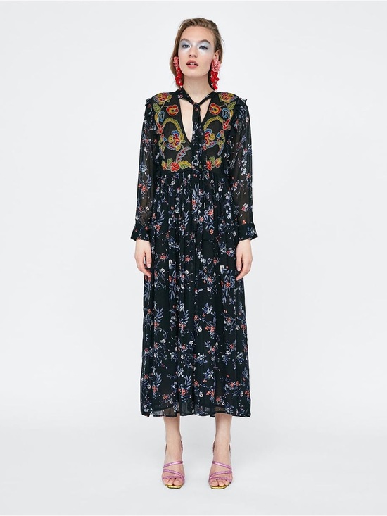 Zara Dresses & Skirts - Zara Black Floral Long Sleeve Maxi Dress -Size Large Boho Romantic Dark Floral